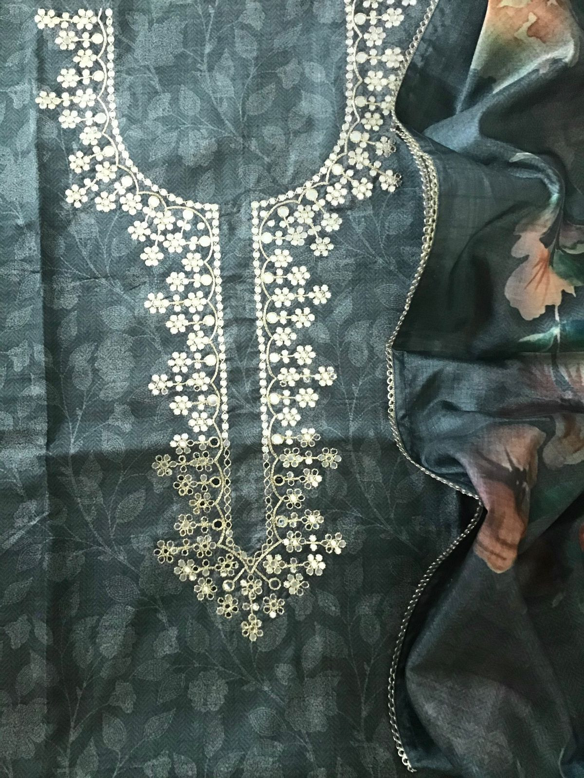 Soft Kora Chanderi Printed Embroidered Suit - Grey