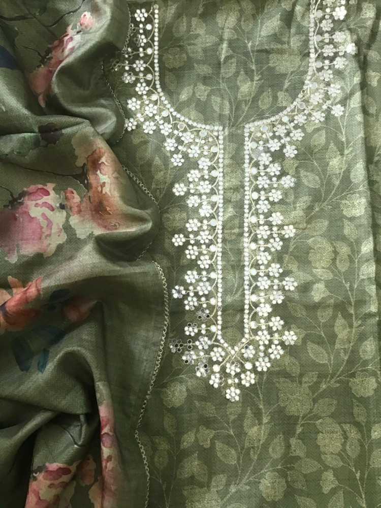 Image of Soft Kora Chanderi Printed Embroidered Suit - Green