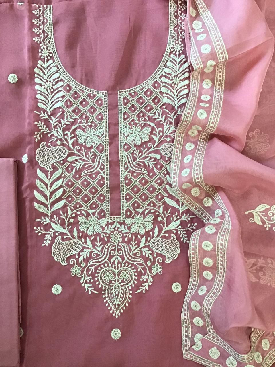 Soft Fine Organza Embroidered Suit - Pink