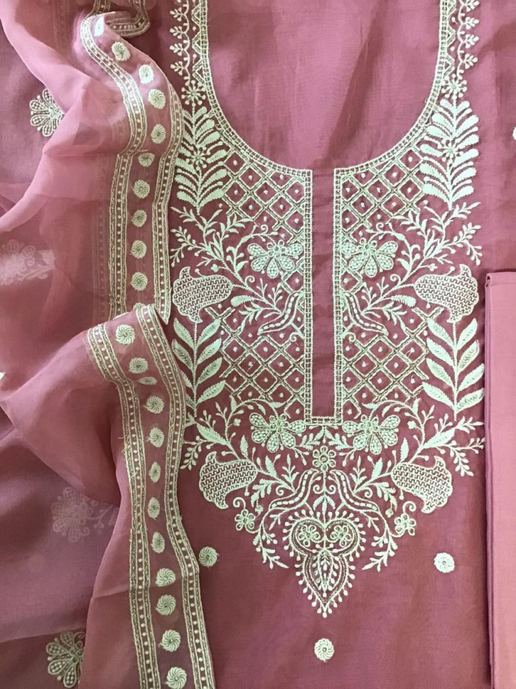 Image of Soft Fine Organza Embroidered Suit - Pink