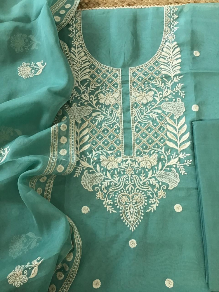Image of Soft Fine Organza Embroidered Suit - Blue