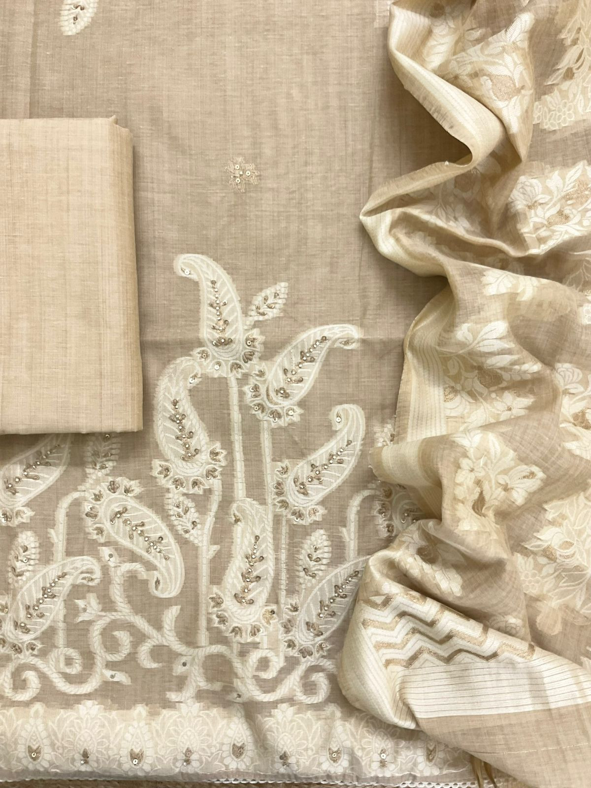 Soft Slub Chanderi Jamdani Weaved Embroidered Suit - Beige