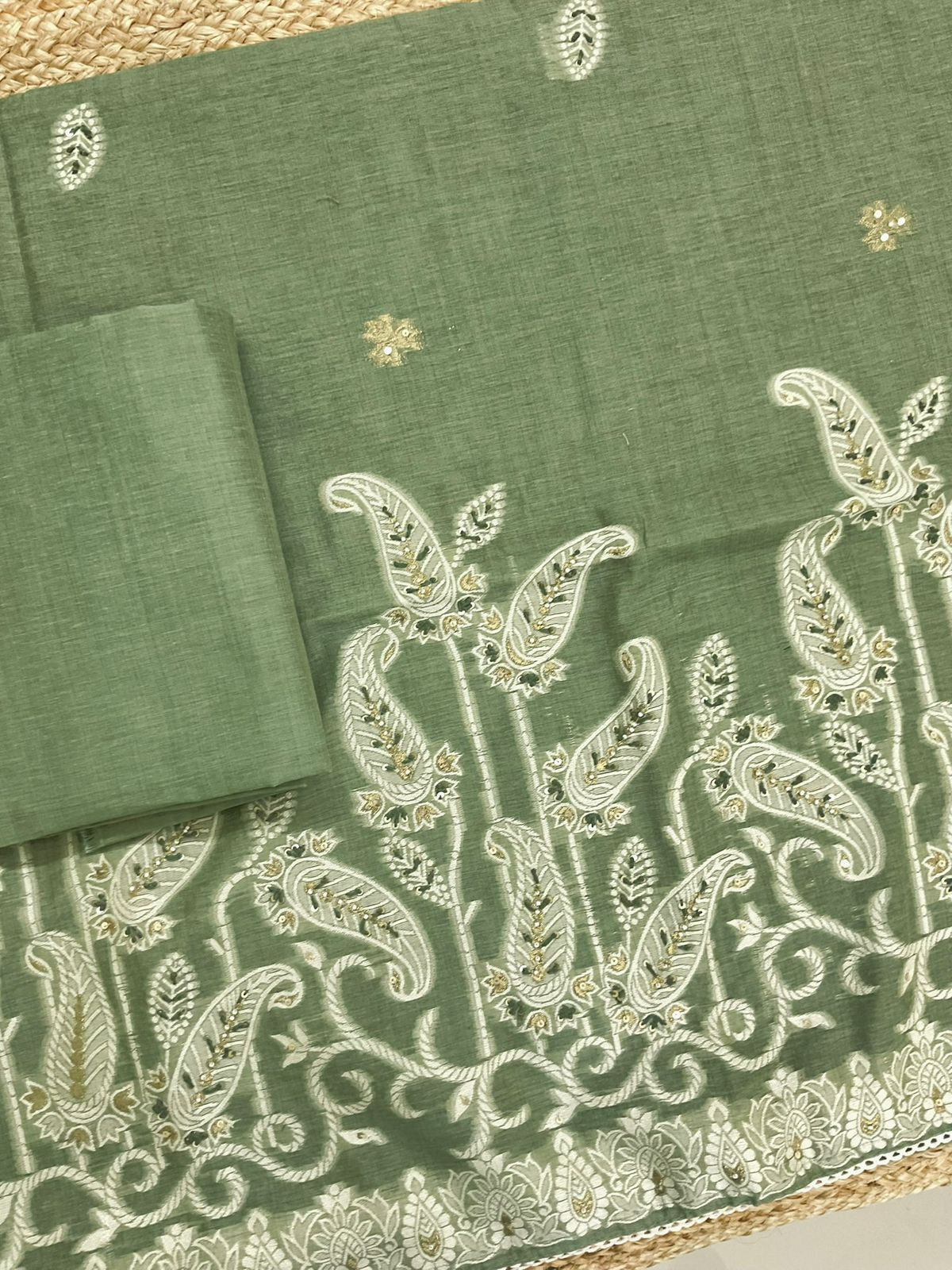 Soft Slub Chanderi Jamdani Weaved Embroidered Suit - Green