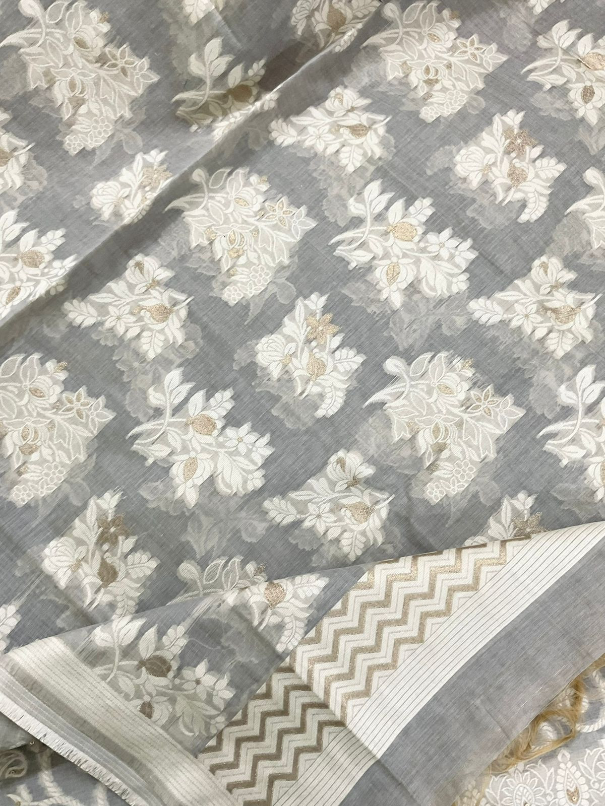 Soft Slub Chanderi Jamdani Weaved Embroidered Suit - Grey