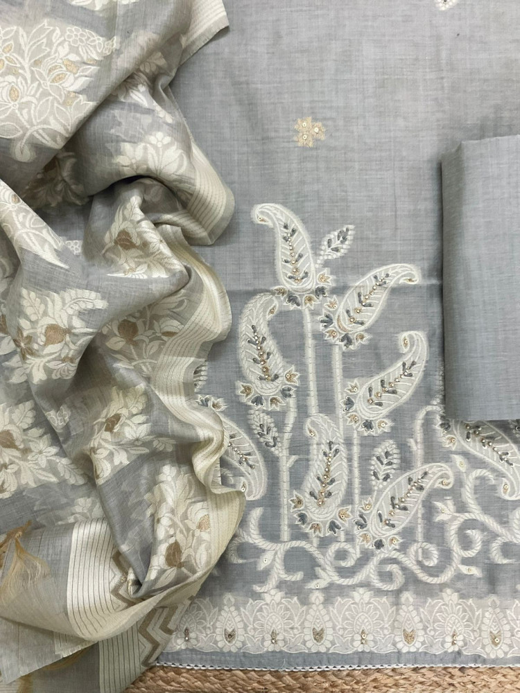 Image of Soft Slub Chanderi Jamdani Weaved Embroidered Suit - Grey