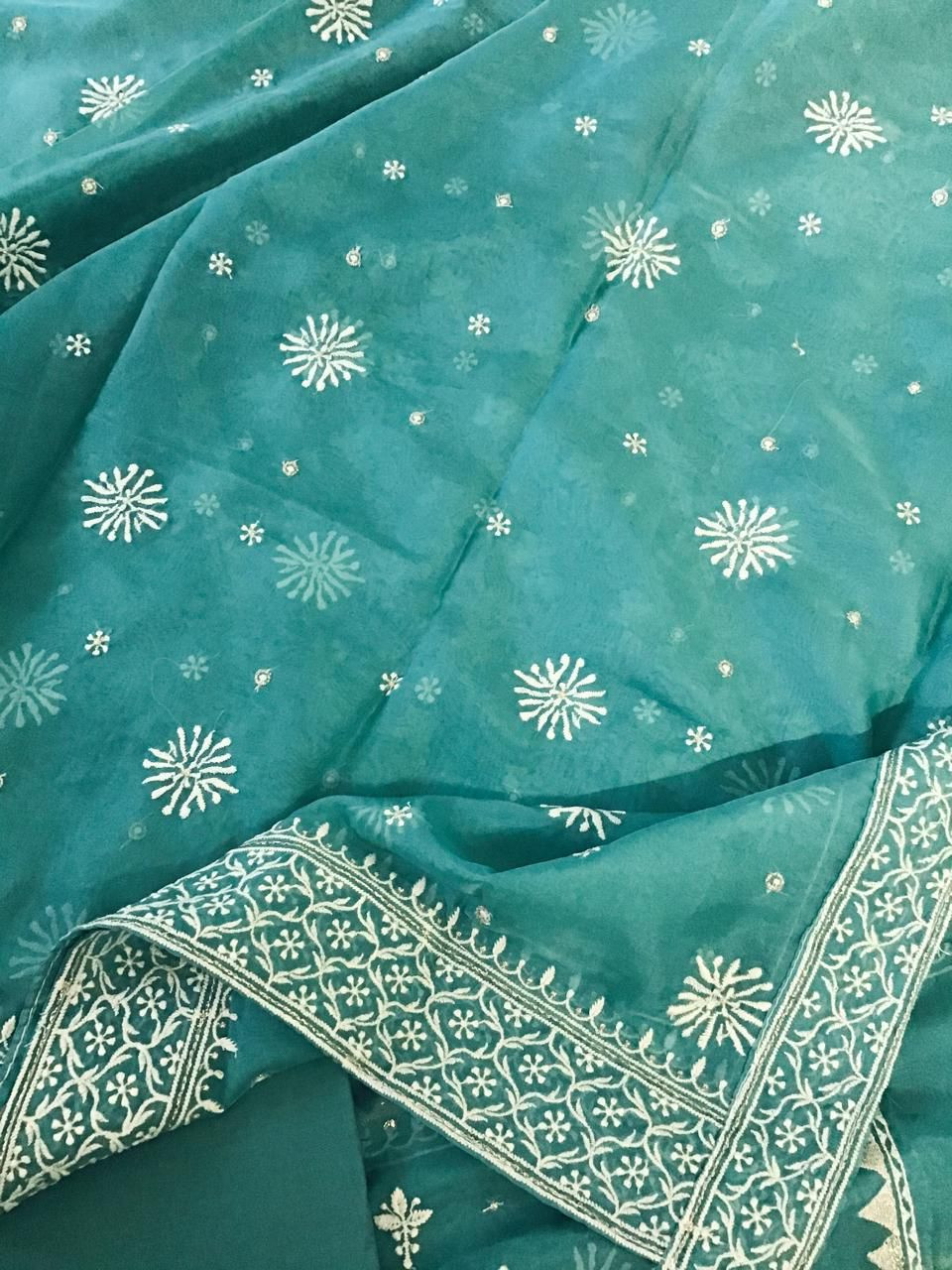 Soft Fine Organza Embroidered Suit - Blue