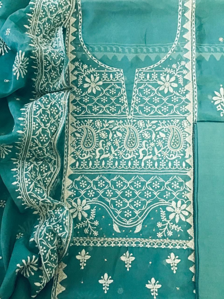 Image of Soft Fine Organza Embroidered Suit - Blue