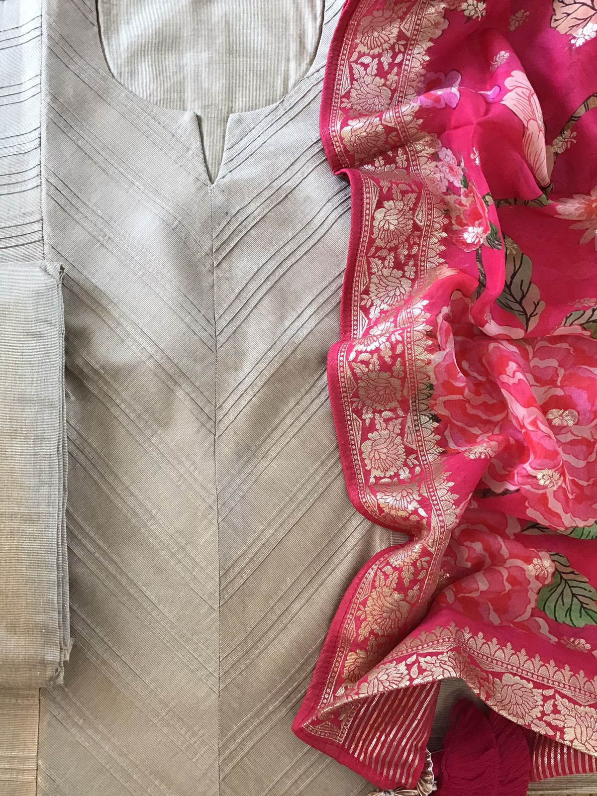 Pure Cotton Silk Printed Embroidered Suit - Beige