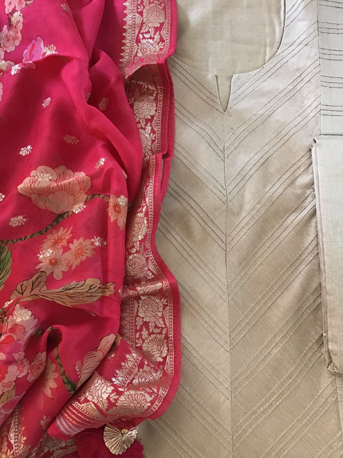 Pure Cotton Silk Printed Embroidered Suit - Beige