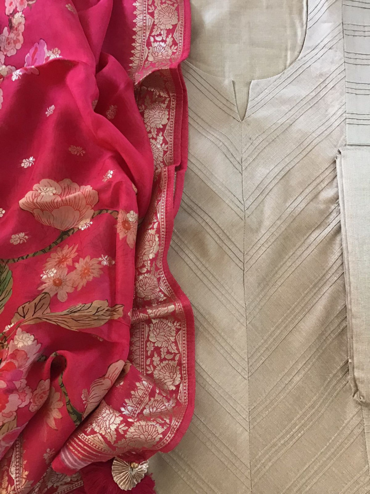 Image of Pure Cotton Silk Printed Embroidered Suit - Beige