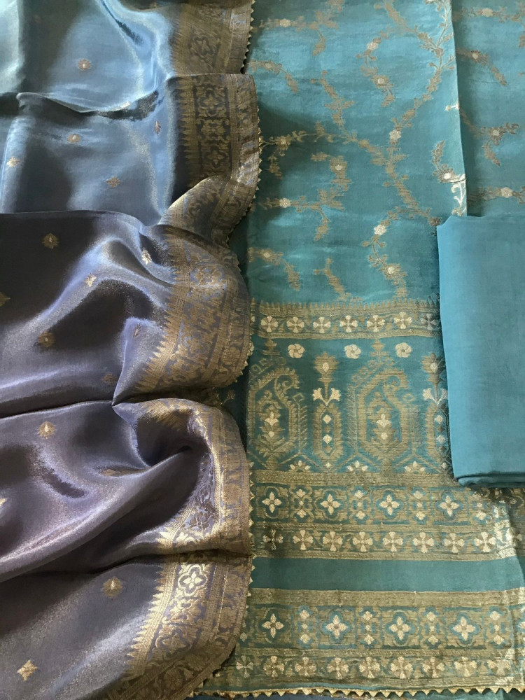 Image of Pure Tissue Chanderi Banarasi Weaved Suit - Peacock Blue
