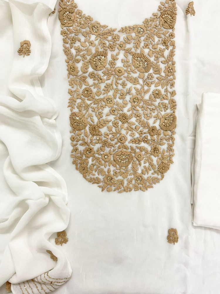 Image of Pure Georgette Embroidered Suit - White