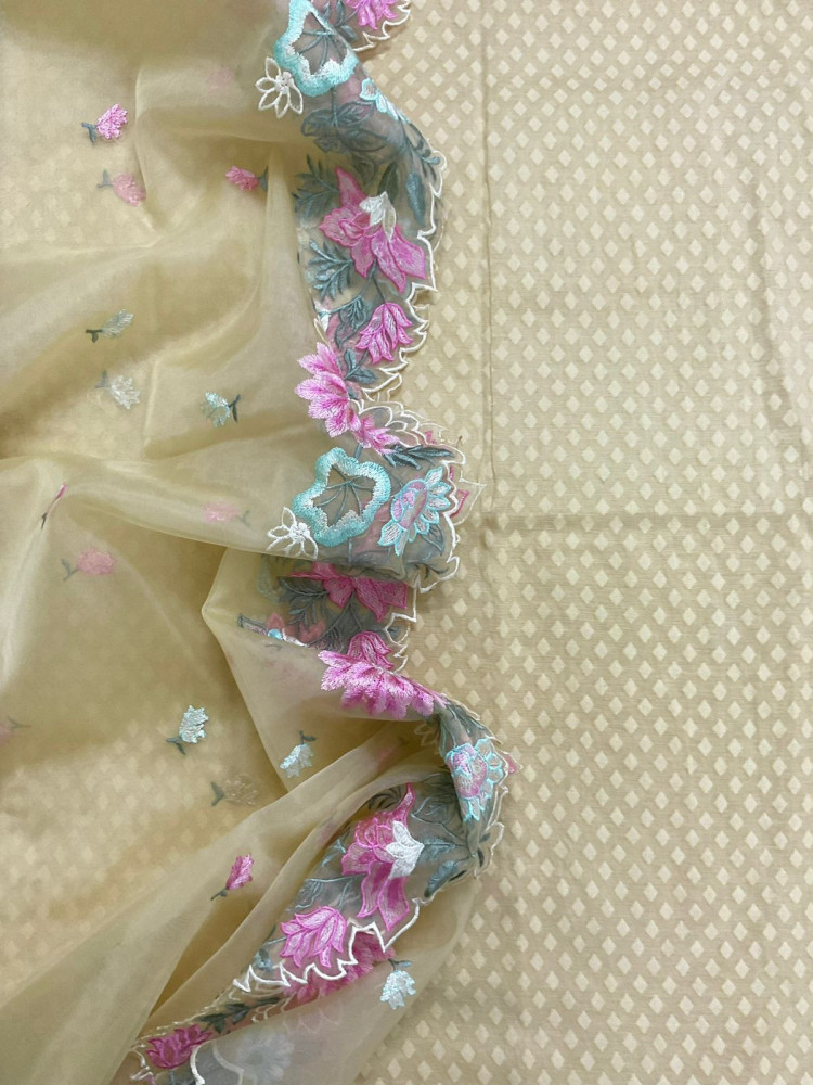 Image of Soft Chanderi Self Weaved Embroidered Suit - Beige