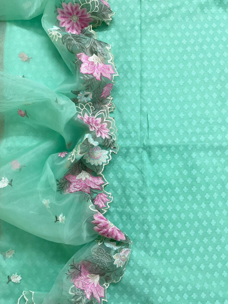 Image of Soft Chanderi Self Weaved Embroidered Suit - Green