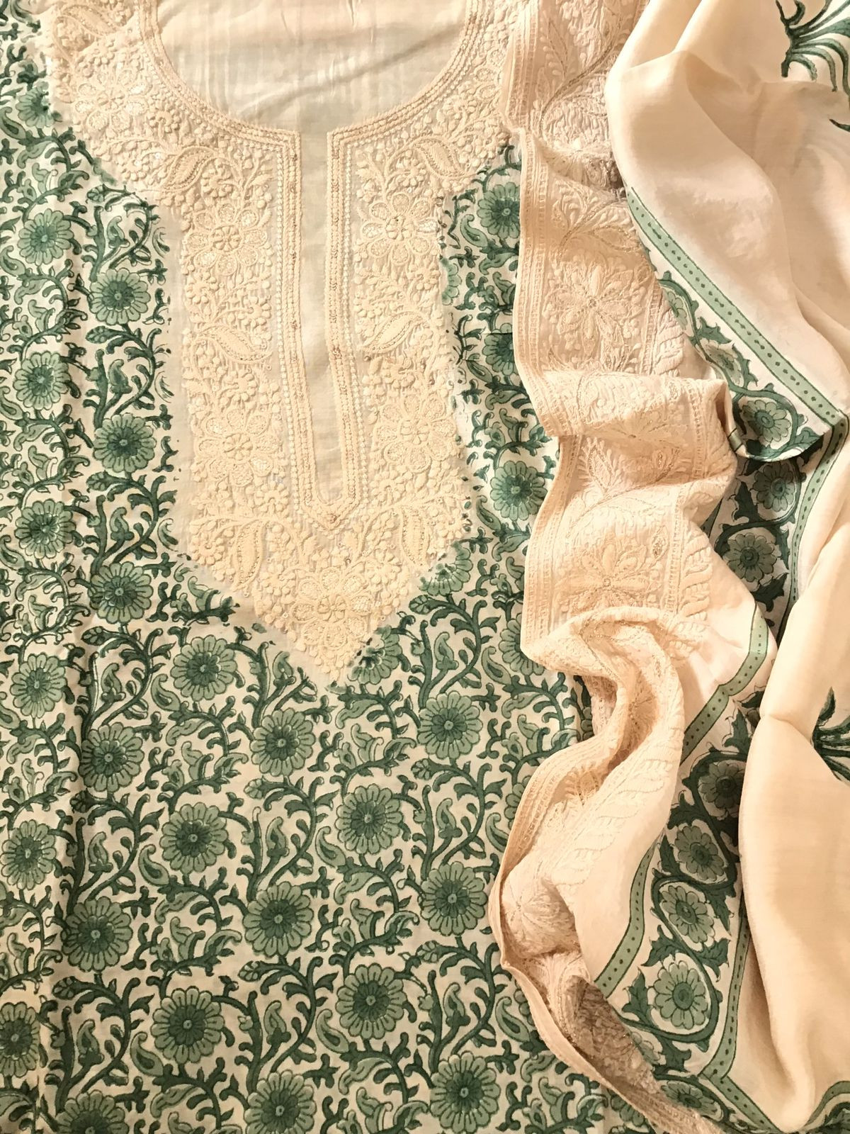Pure Muslin Printed Embroidered Suit - Offwhite