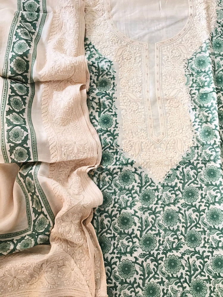 Image of Pure Muslin Printed Embroidered Suit - Offwhite
