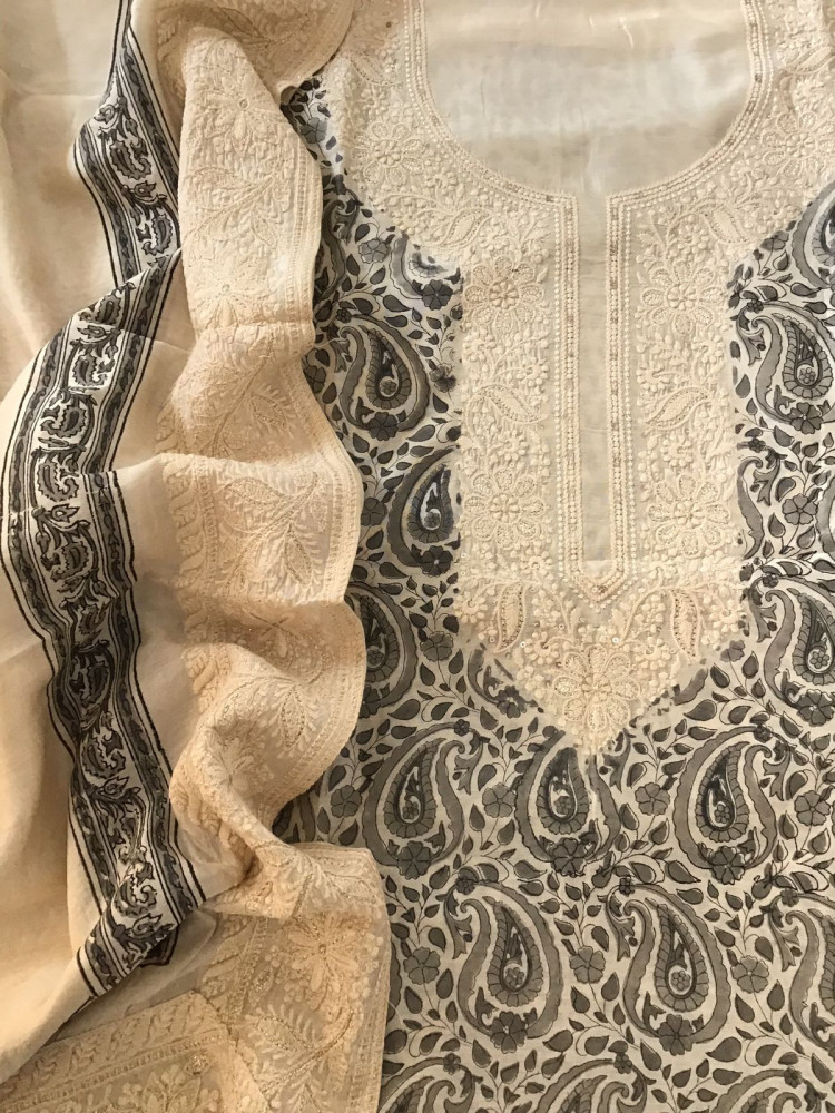 Image of Pure Muslin Printed Embroidered Suit - Offwhite