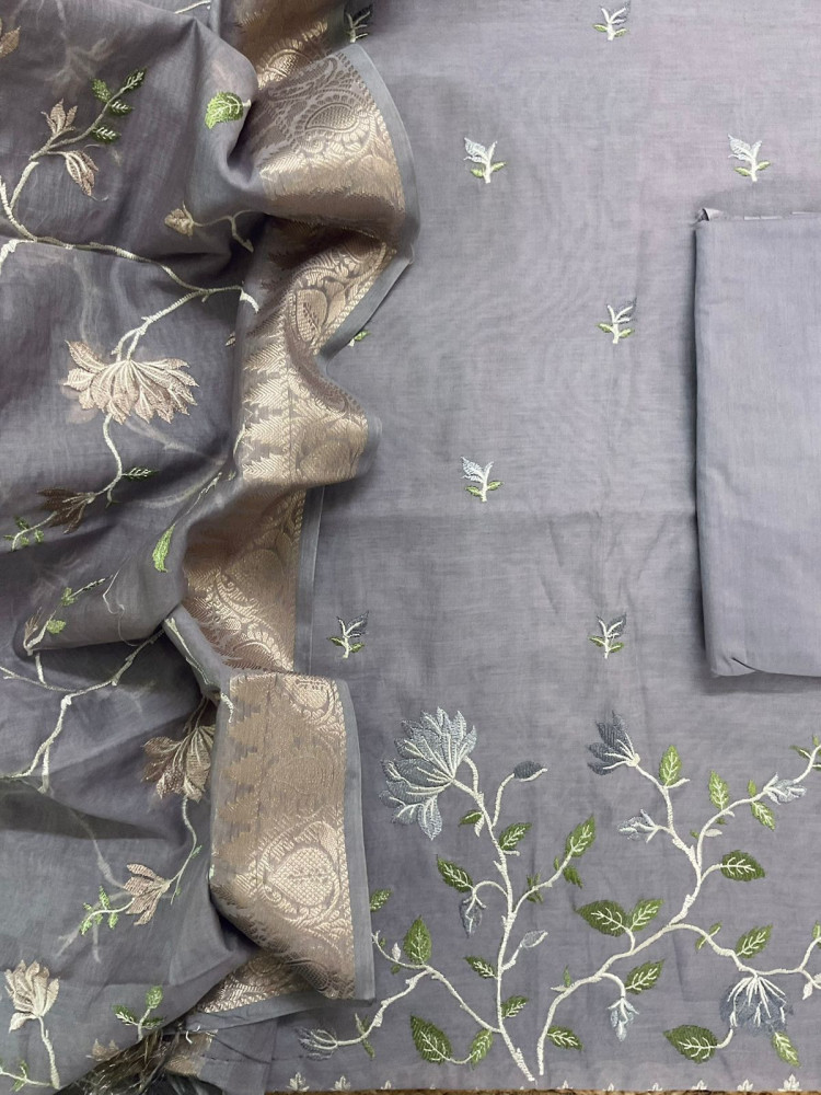 Image of Soft Fine Chanderi Embroidered Suit - Lilac Grey