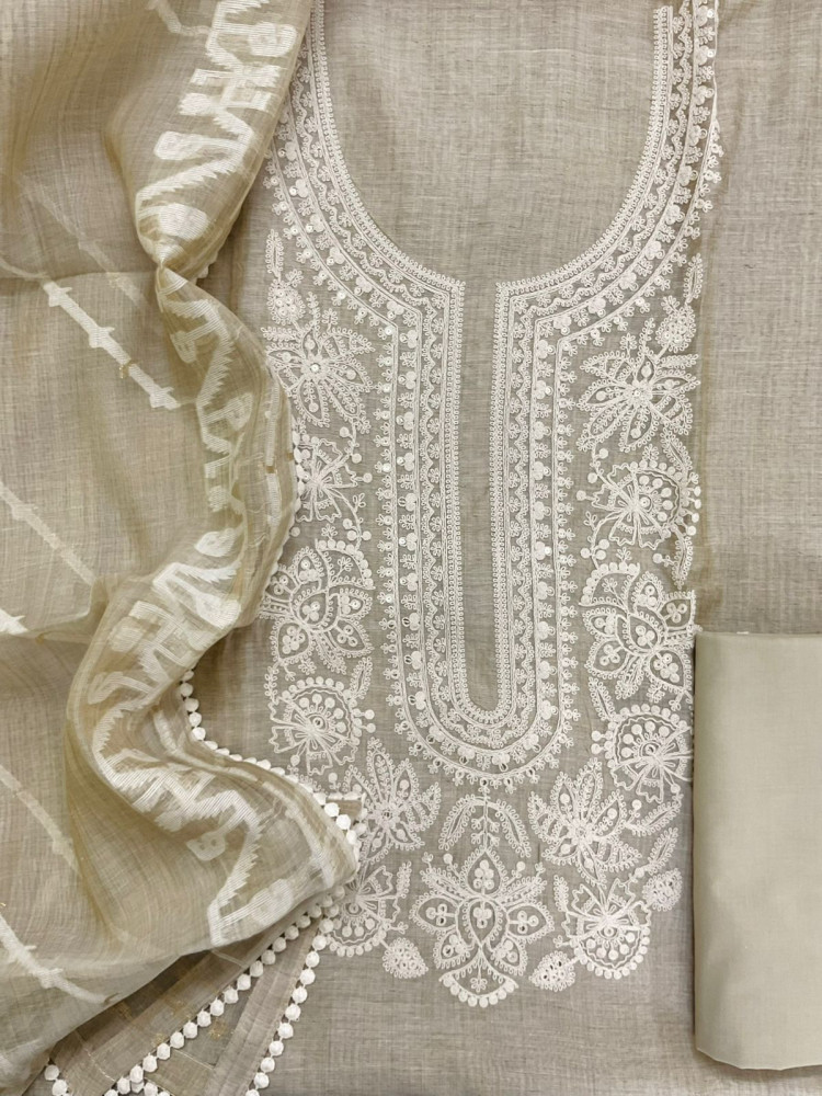 Image of Soft Fine Slub Chanderi Jamdani Weaved Embroidered Suit - Beige