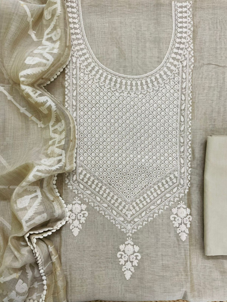 Image of Soft Fine Slub Chanderi Jamdani Weaved Embroidered Suit - Beige