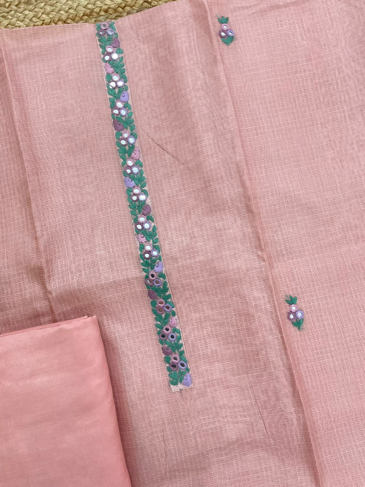 Soft Kota Silk Printed Embroidered Suit - Pink