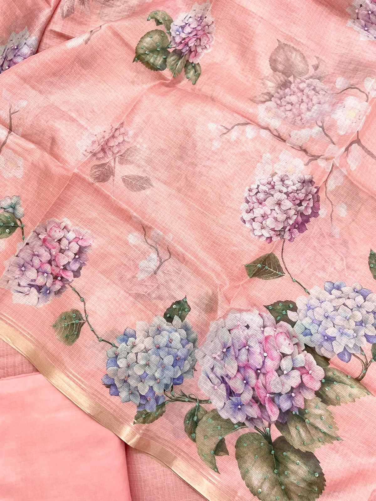 Soft Kota Silk Printed Embroidered Suit - Pink