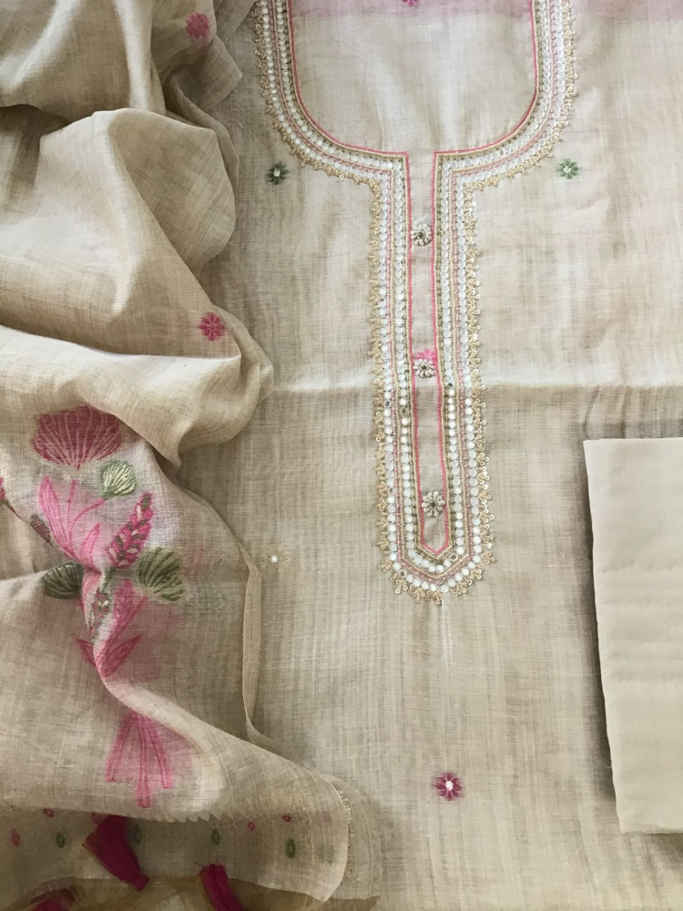 Image of Soft Fine Slub Chanderi Jamdani Weaved Embroidered Suit - Beige