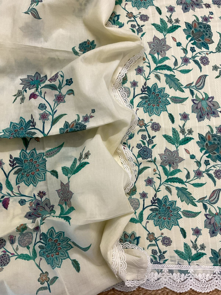 Image of Pure Fine Mul Cotton Self Weaved Printer Suit - Cream