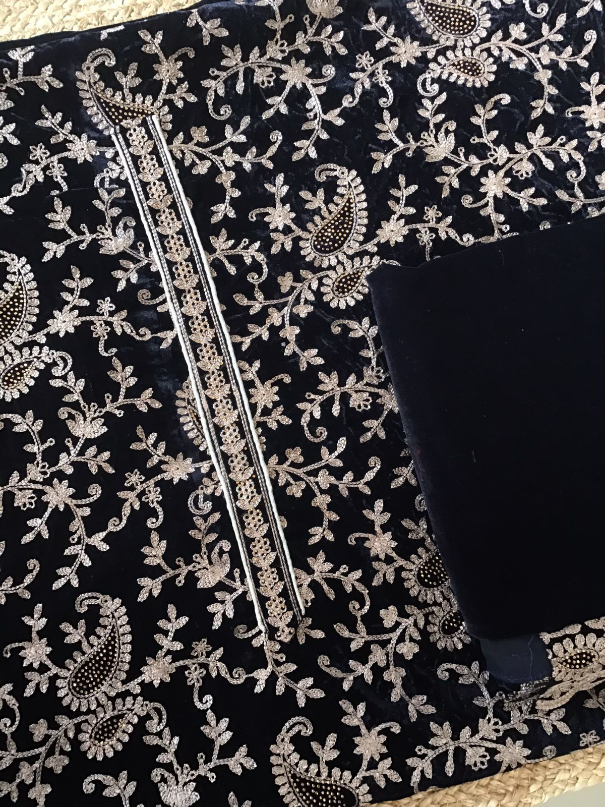 Soft Fine Heavy Velvet Embroidered Suit - Black