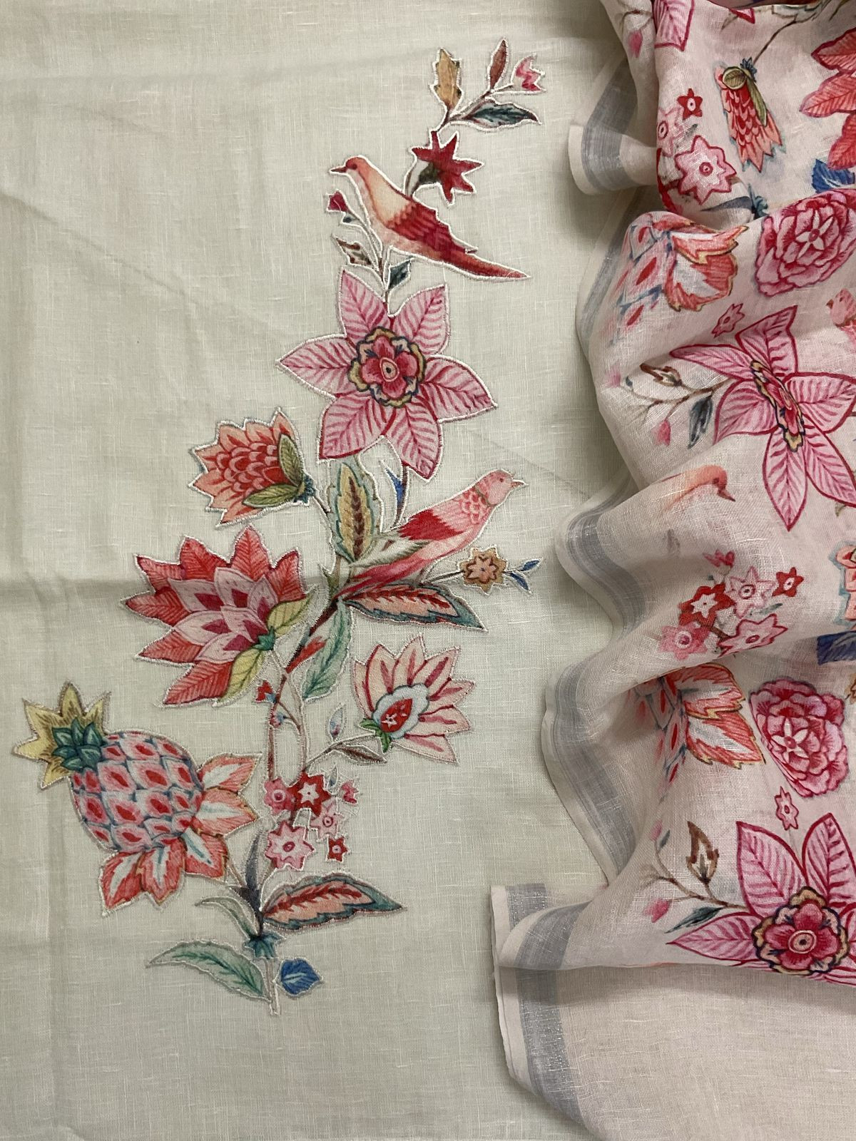 Pure Linen Jute Cotton Printed Embroidered Suit - Offwhite