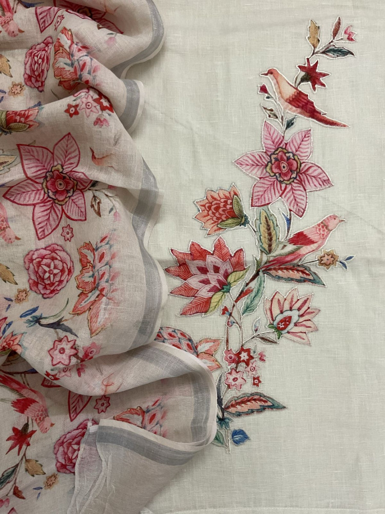 Image of Pure Linen Jute Cotton Printed Embroidered Suit - Offwhite
