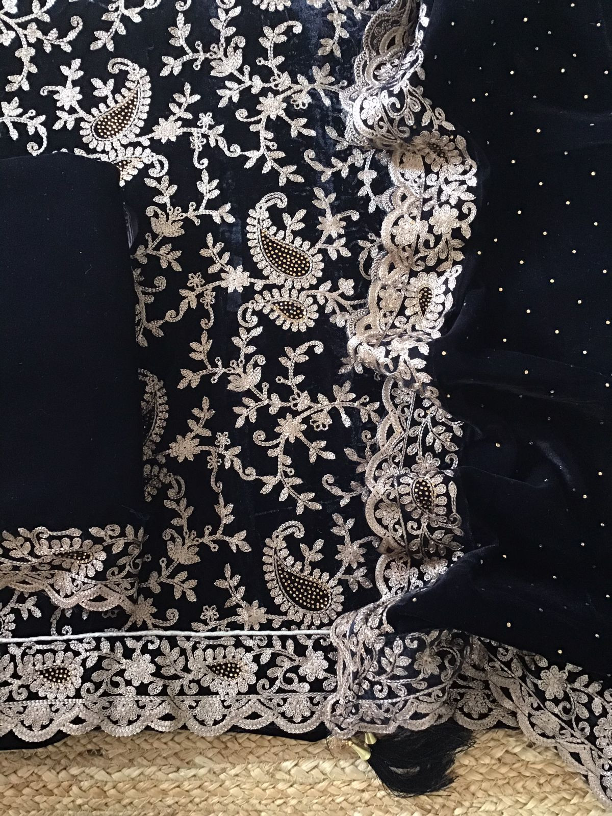 Soft Fine Heavy Velvet Embroidered Suit - Black