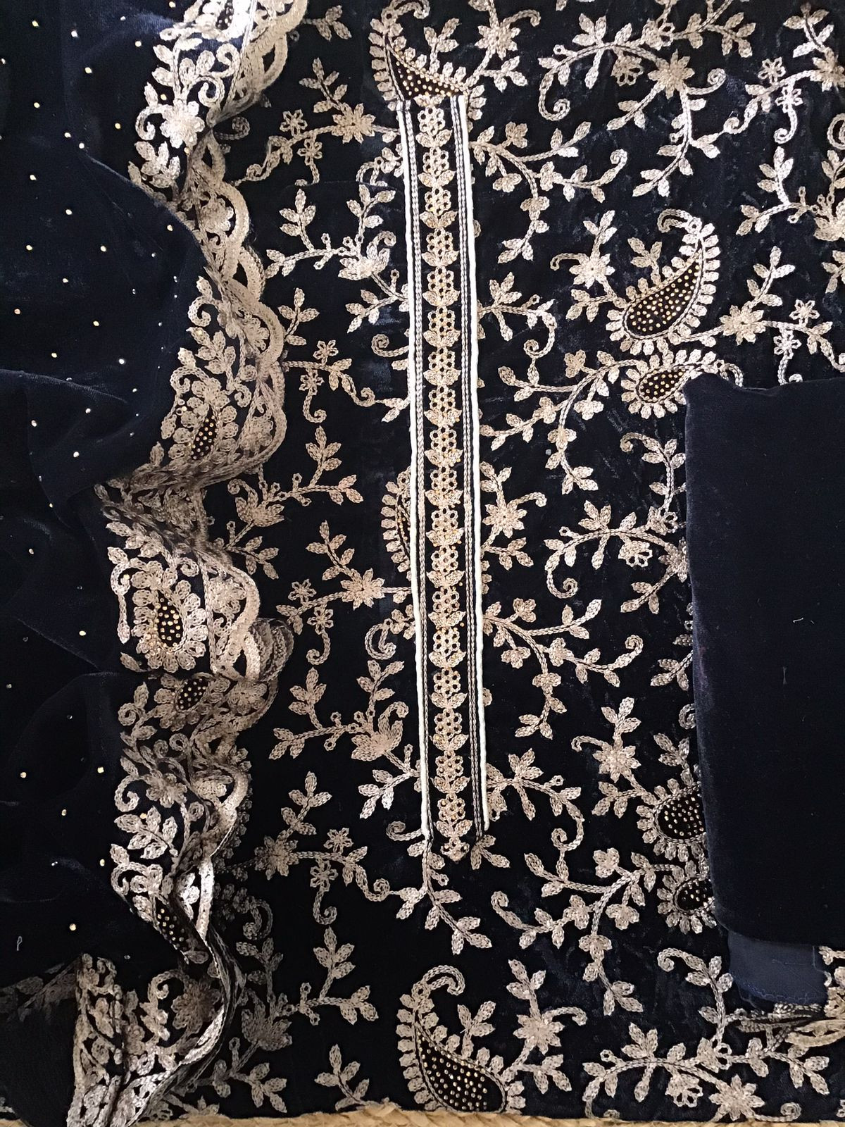 Soft Fine Heavy Velvet Embroidered Suit - Black