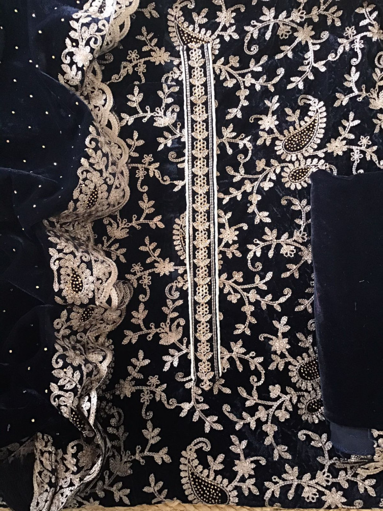 Image of Soft Fine Heavy Velvet Embroidered Suit - Black