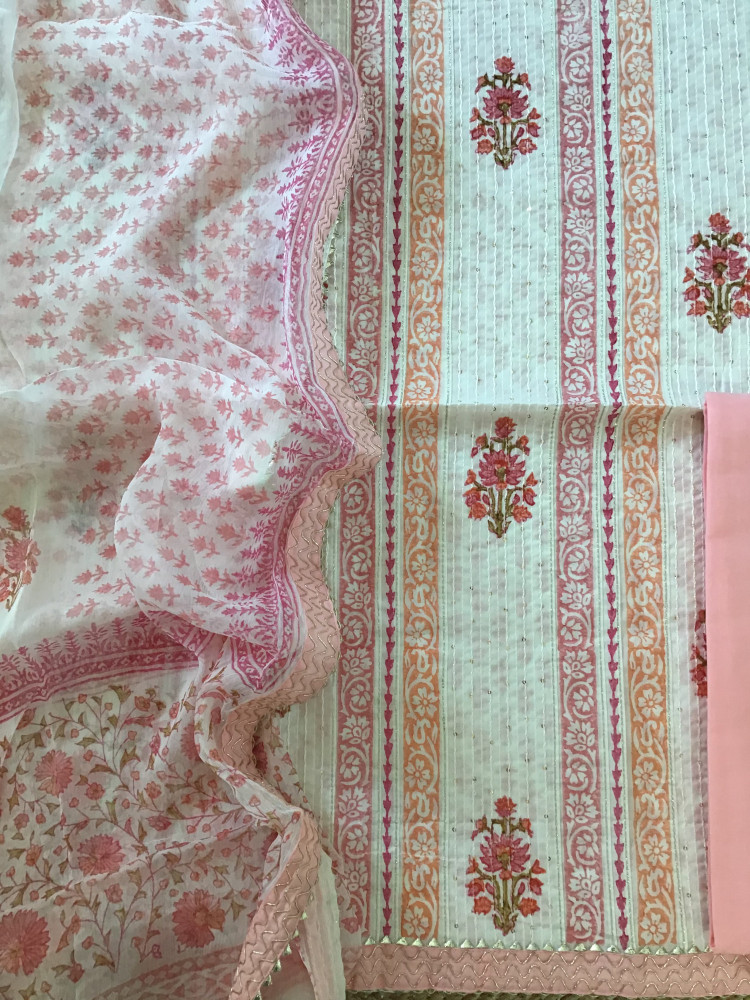 Image of Pure Cotton Printed Embroidered Suit - Off White