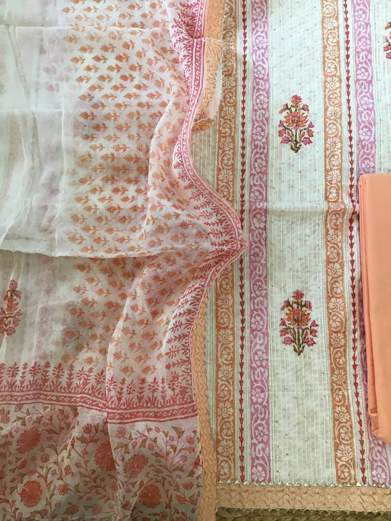 Pure Fine Cotton Printed Embroidered Suit - WhitePeach