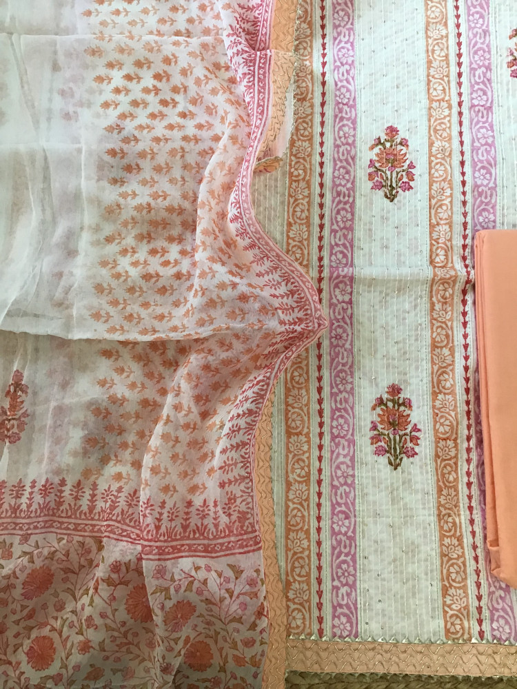 Image of Pure Fine Cotton Printed Embroidered Suit - White/Peach