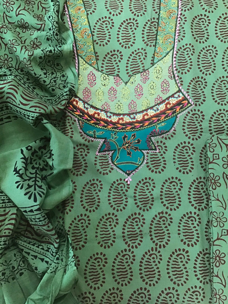 Image of Pure Cotton Bagh Printed Embroidered Suit - Green