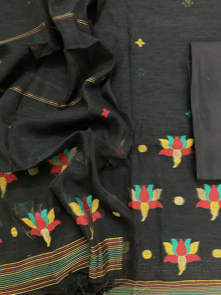 Image of Soft Slub Chanderi Jamdani Weaved Suit - Black