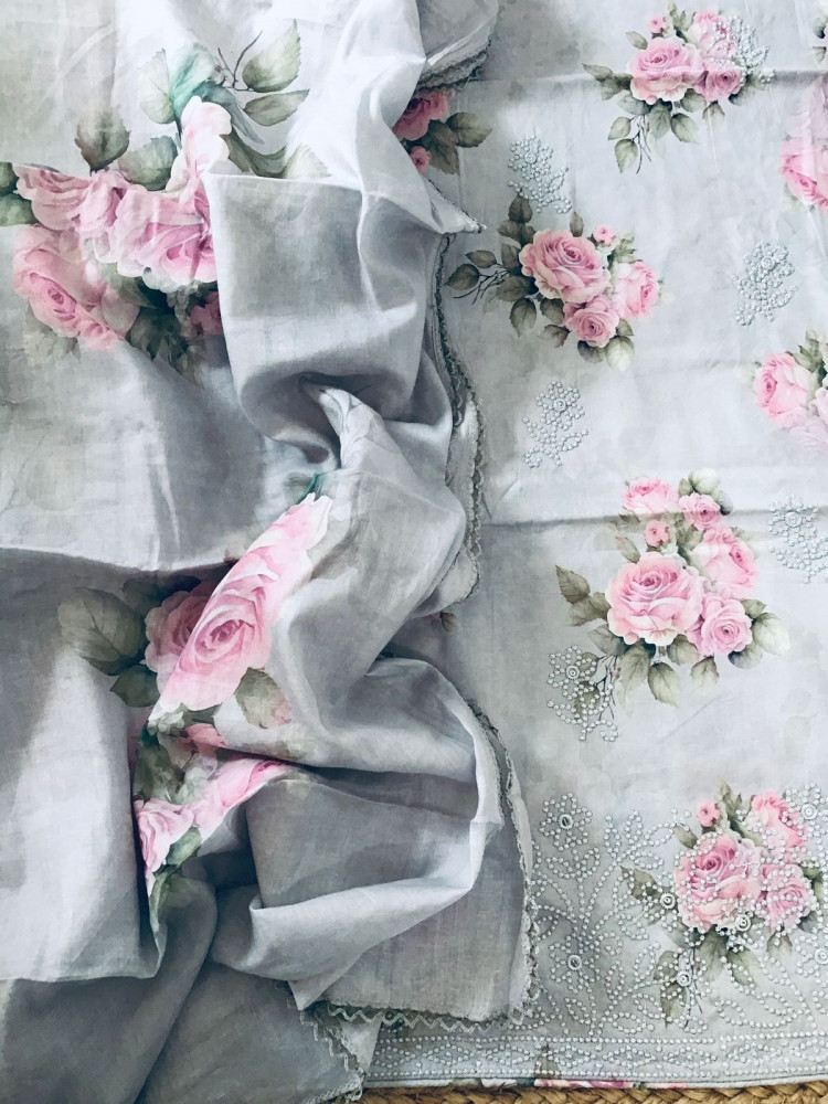 Image of Pure Cotton Printed Embroidered Suit - Grey