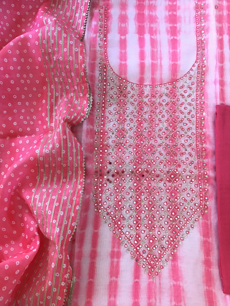 Image of Soft Chanderi Printed Embroidered Suit - Pink