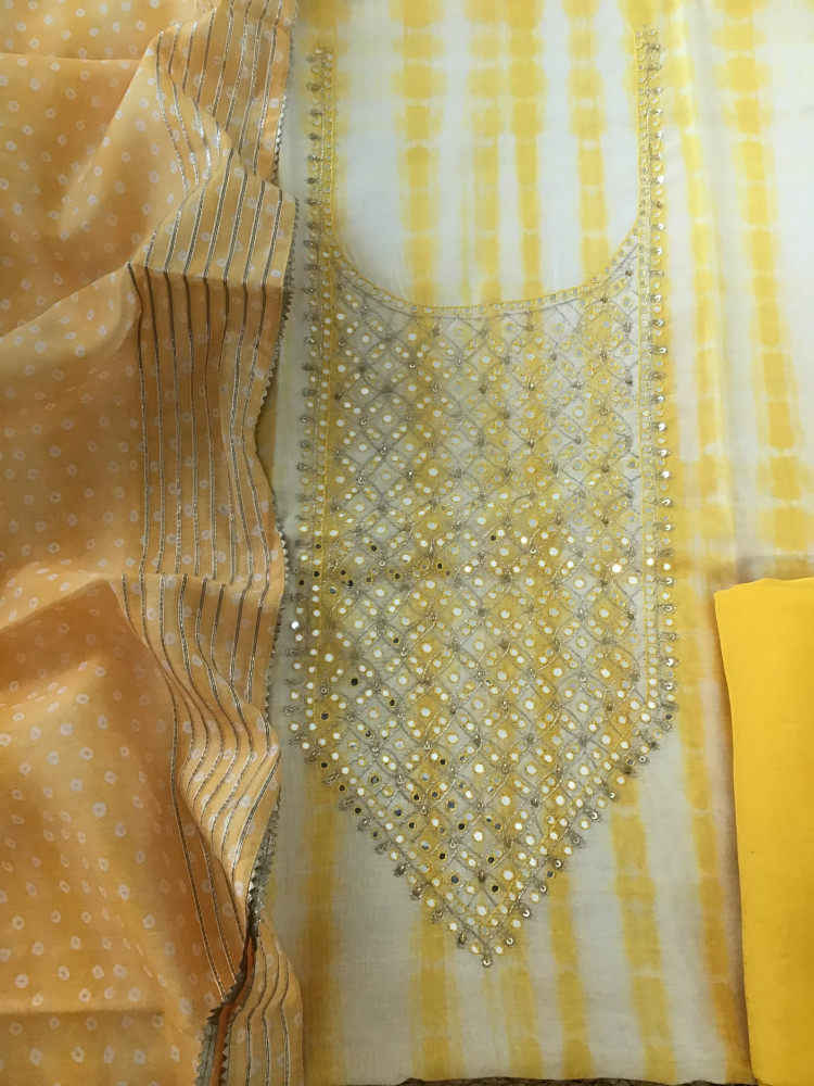 Image of Soft Chanderi Printed Embroidered Suit - Yellow