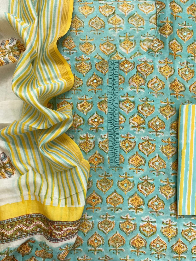 Image of Pure Chanderi Block Printed Embroidered Suit - Blue