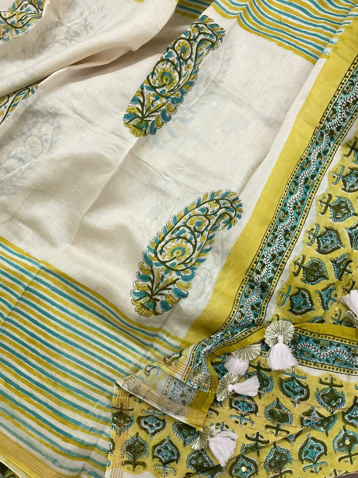 Pure Chanderi Block Printed Embroidered Suit - Yellow