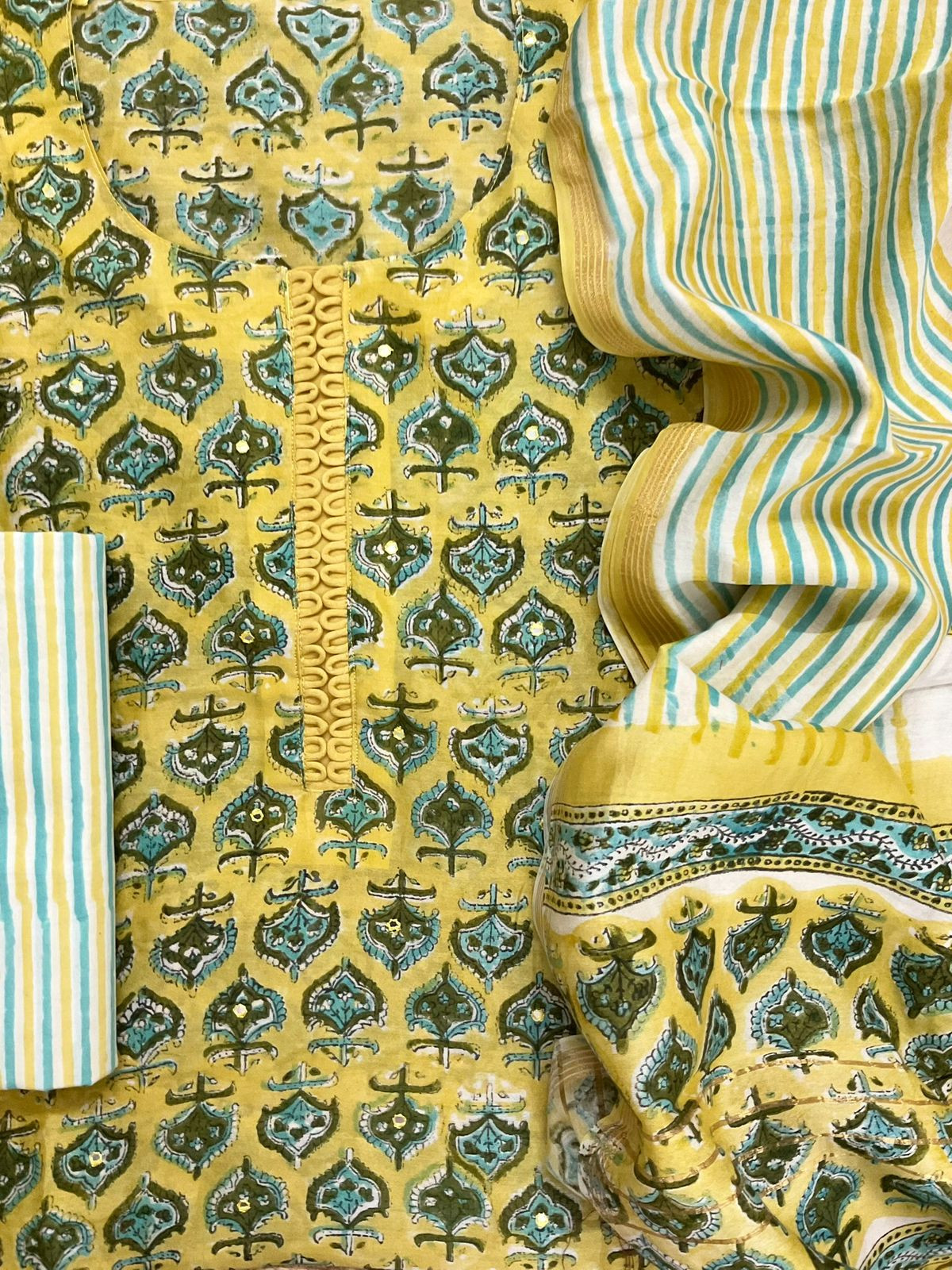 Pure Chanderi Block Printed Embroidered Suit - Yellow