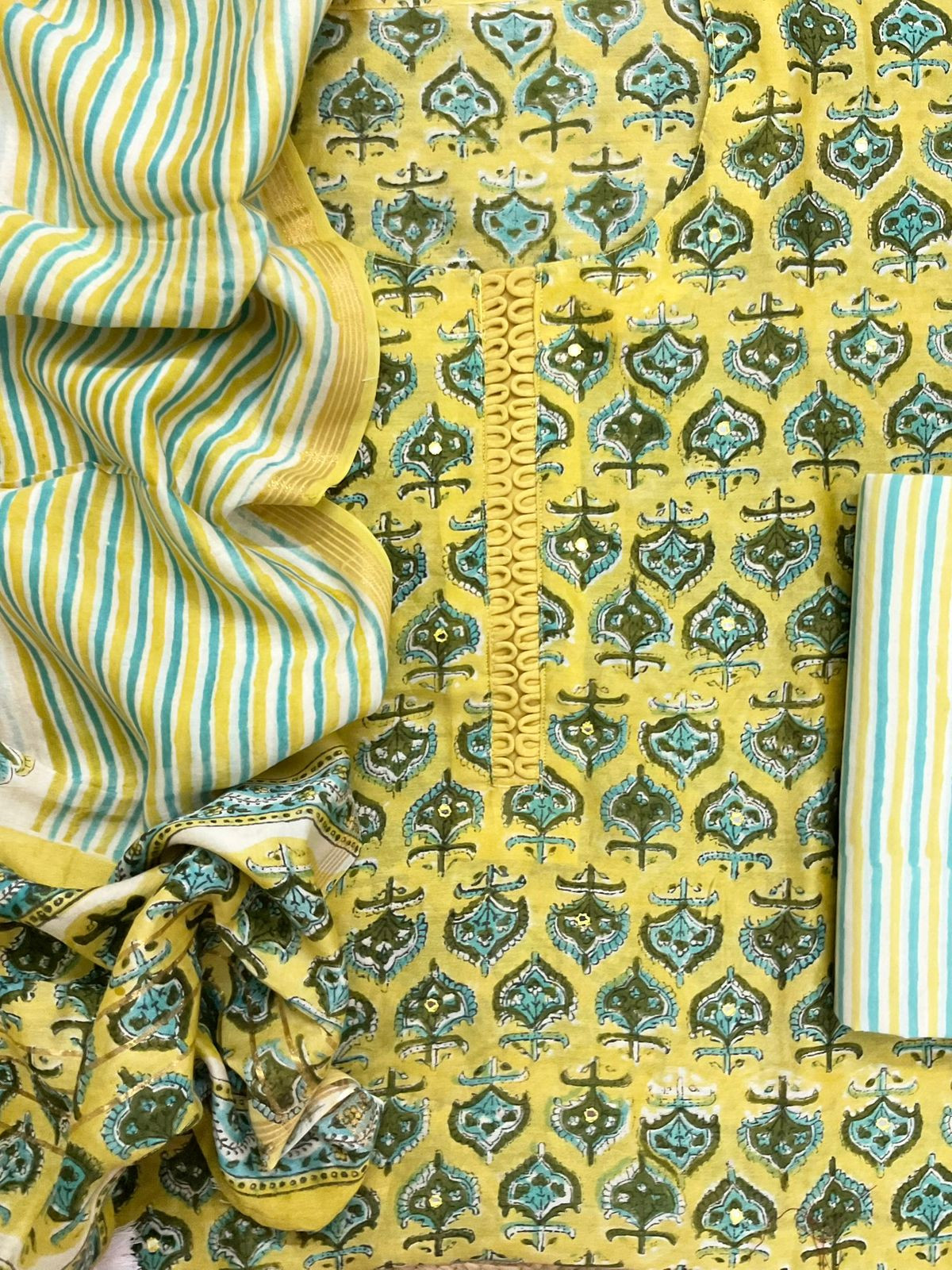 Pure Chanderi Block Printed Embroidered Suit - Yellow