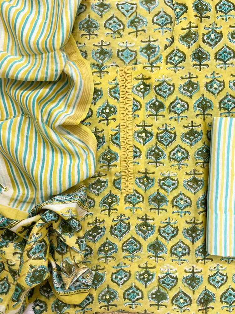 Image of Pure Chanderi Block Printed Embroidered Suit - Yellow