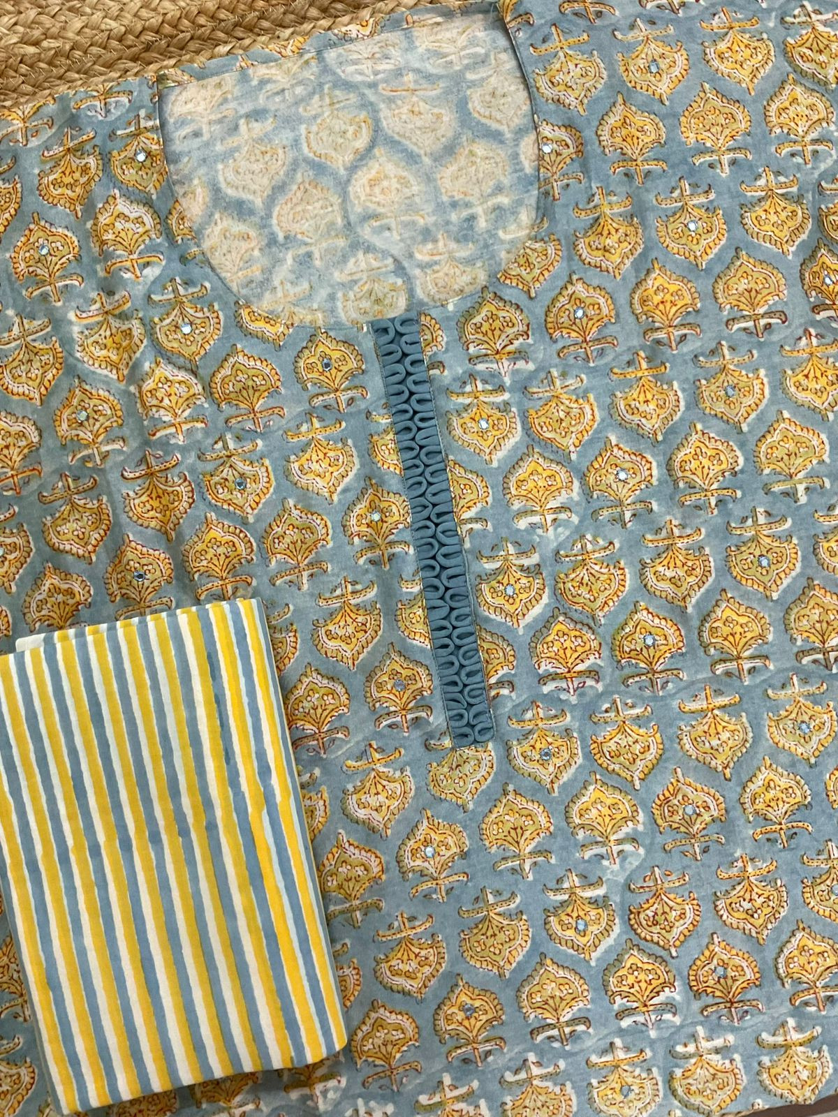 Pure Chanderi Block Printed Embroidered Suit - Grey