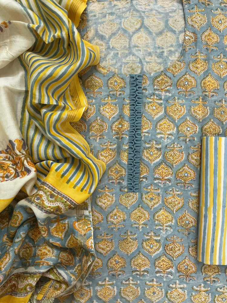 Image of Pure Chanderi Block Printed Embroidered Suit - Grey