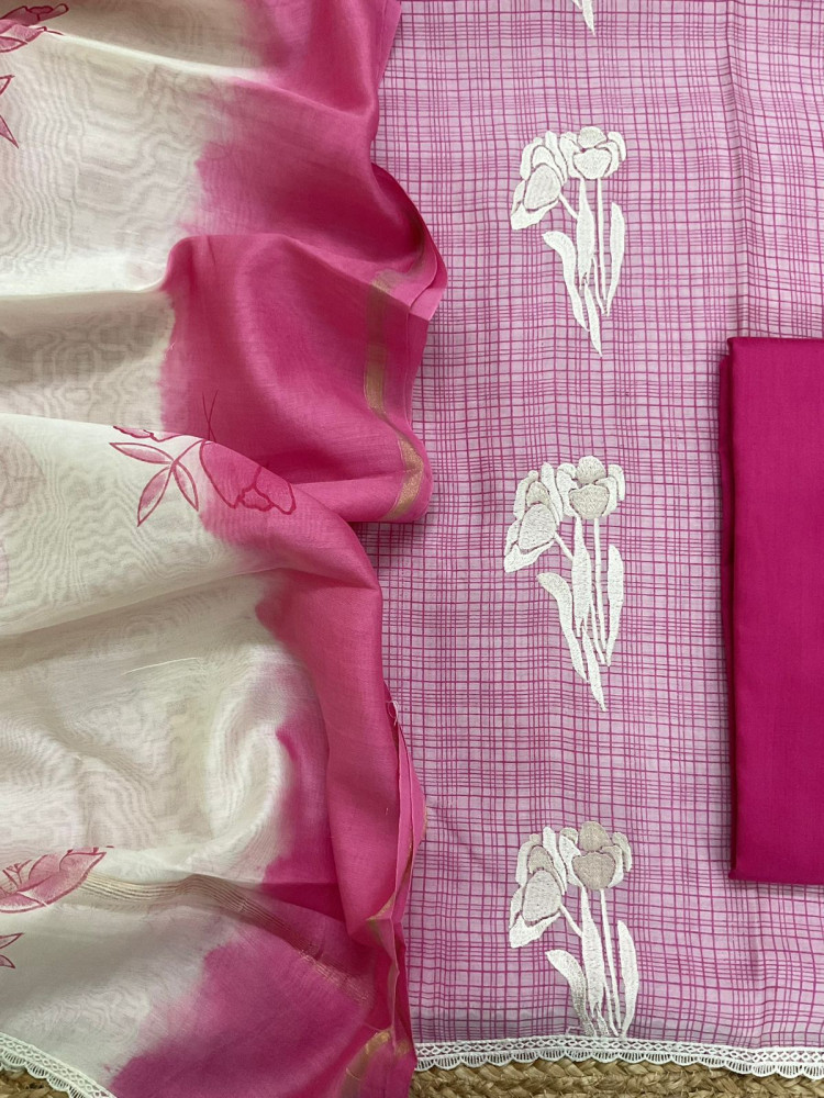 Image of Pure Chanderi Printed Embroidered Suit - Pink